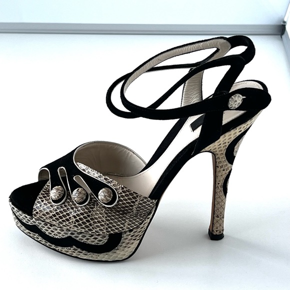 Bally Ilya Heels- US 6 / EU 36.5 - Black suede and neutral snakeskin - Picture 1 of 6